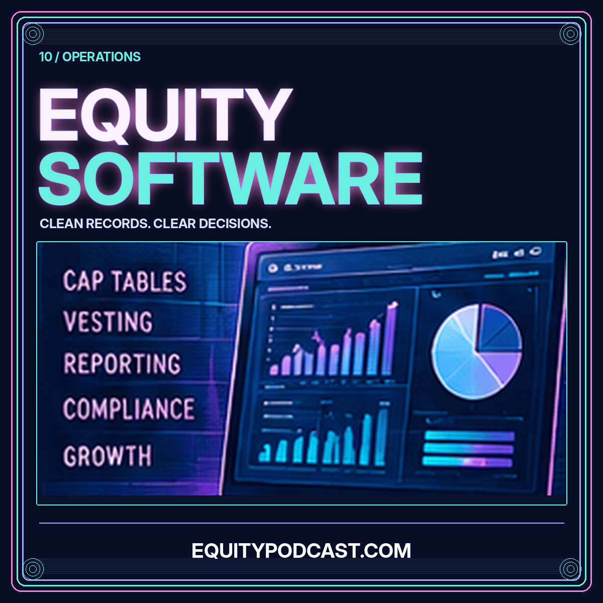 Choose software by the workflow: neon Wall Street share-certificate artwork, branded EquityPodcast.com