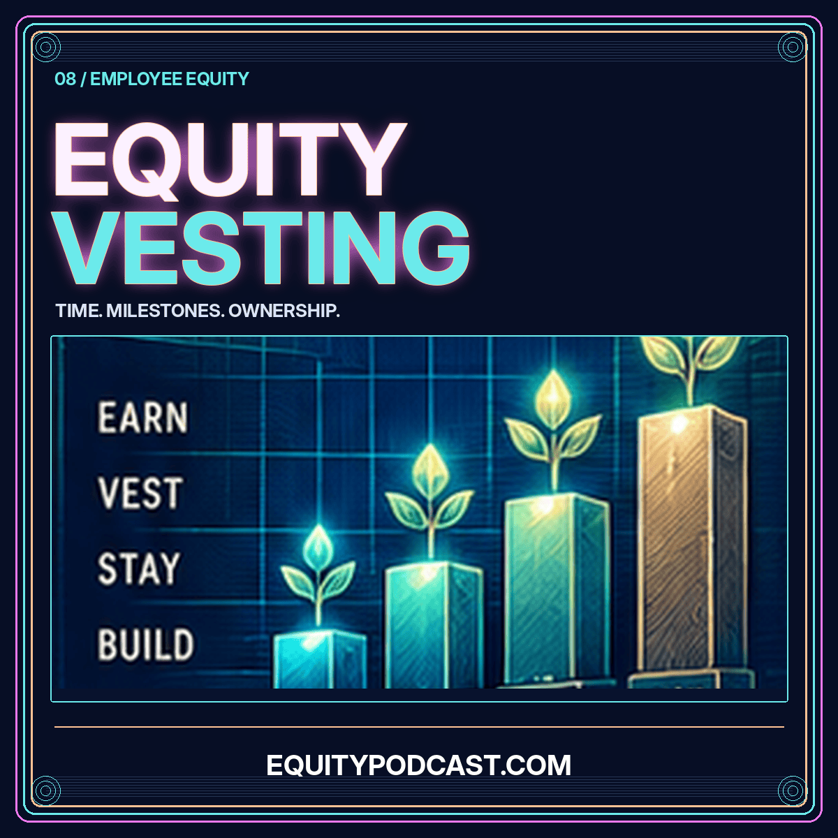 Your vesting timeline, decoded: neon Wall Street share-certificate artwork, branded EquityPodcast.com
