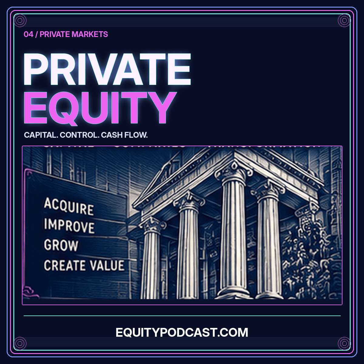 Inside private equity: neon Wall Street share-certificate artwork, branded EquityPodcast.com