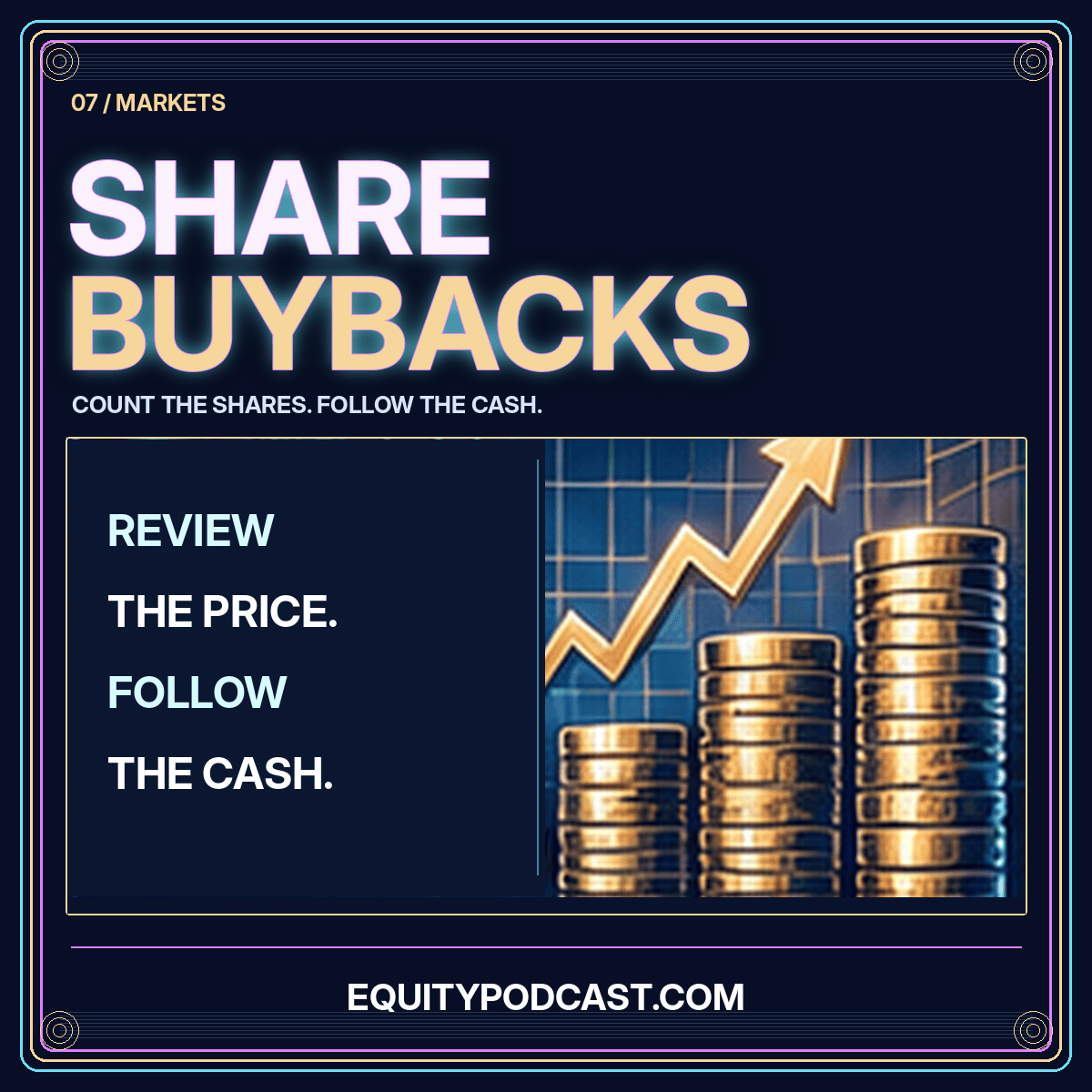 What buybacks really change: neon Wall Street share-certificate artwork, branded EquityPodcast.com
