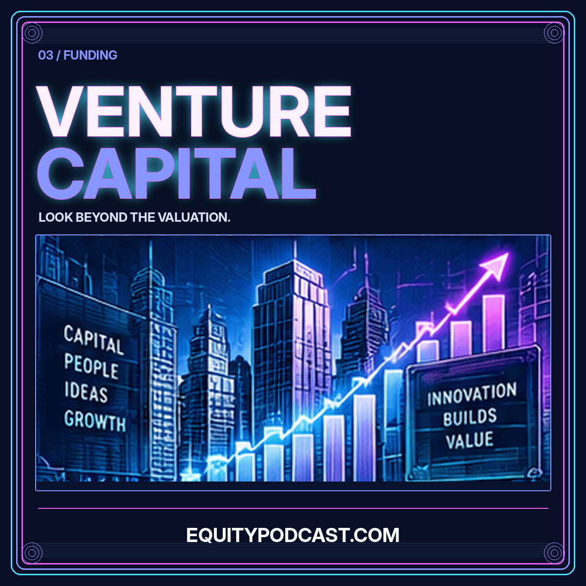 Look beyond the VC valuation: neon Wall Street share-certificate artwork, branded EquityPodcast.com